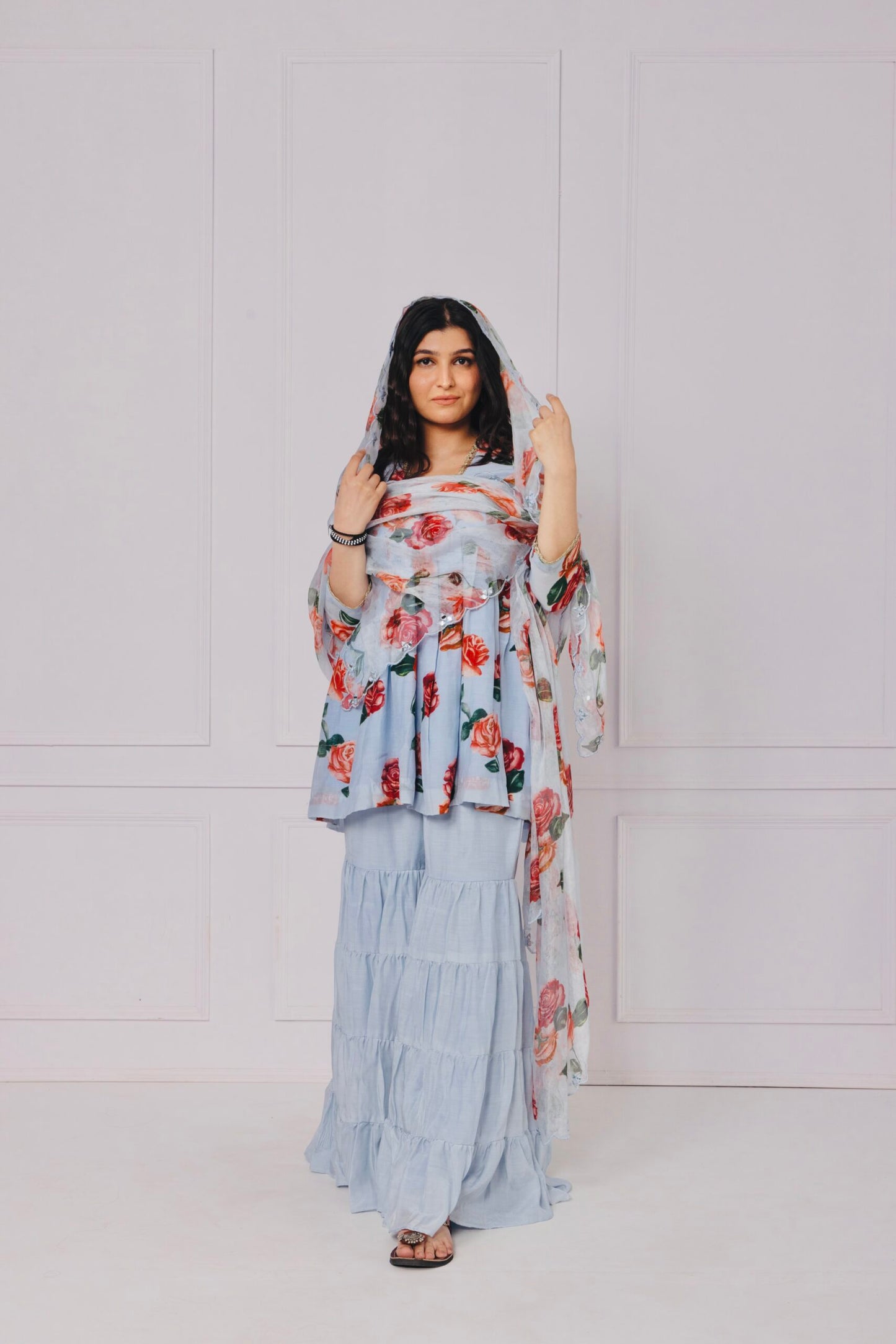 Gul Powder Blue V-neck Floral Printed Sharara Suit Set