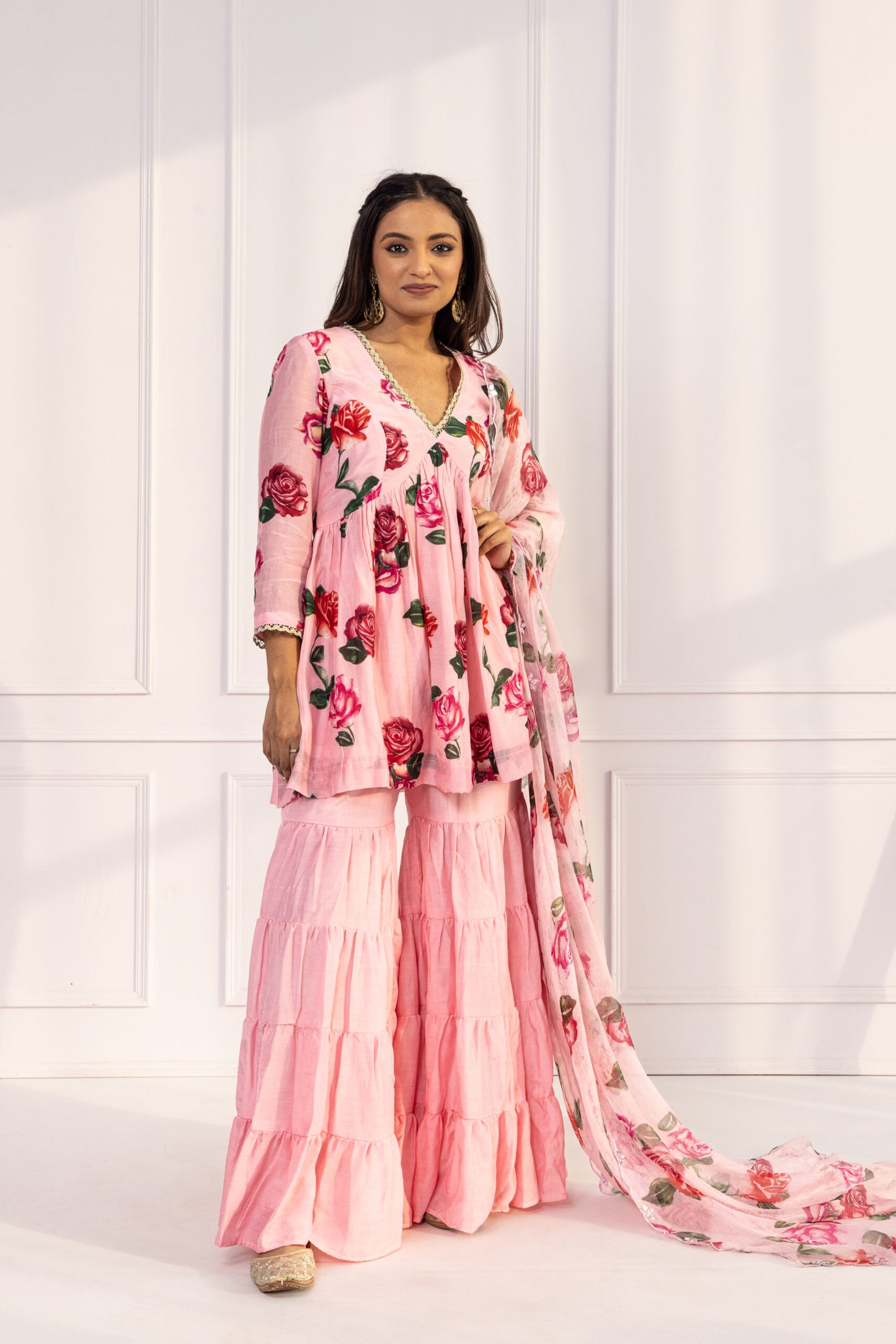 Gul Baby Pink V-neck Floral Printed Sharara Set