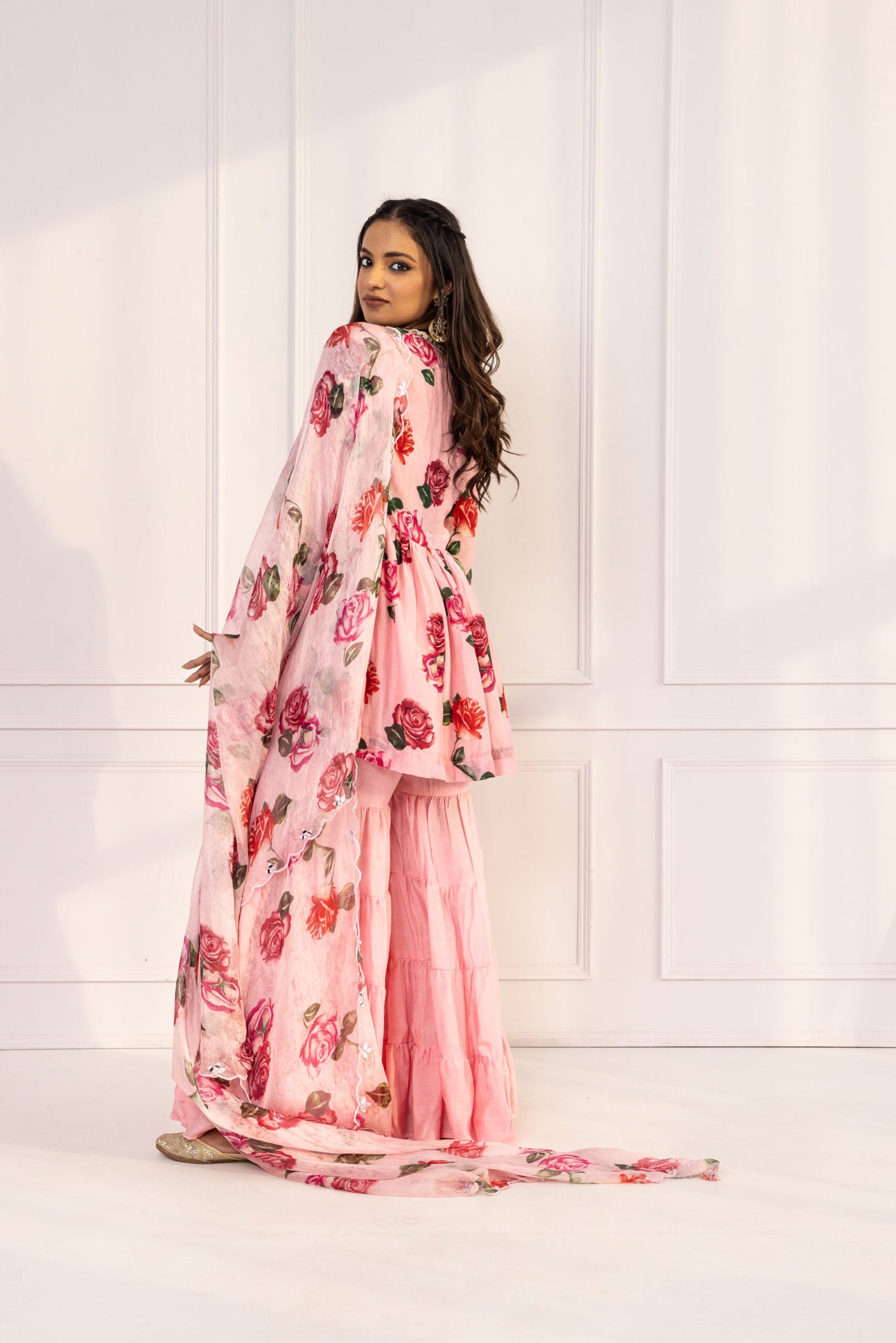 Gul Baby Pink V-neck Floral Printed Sharara Set