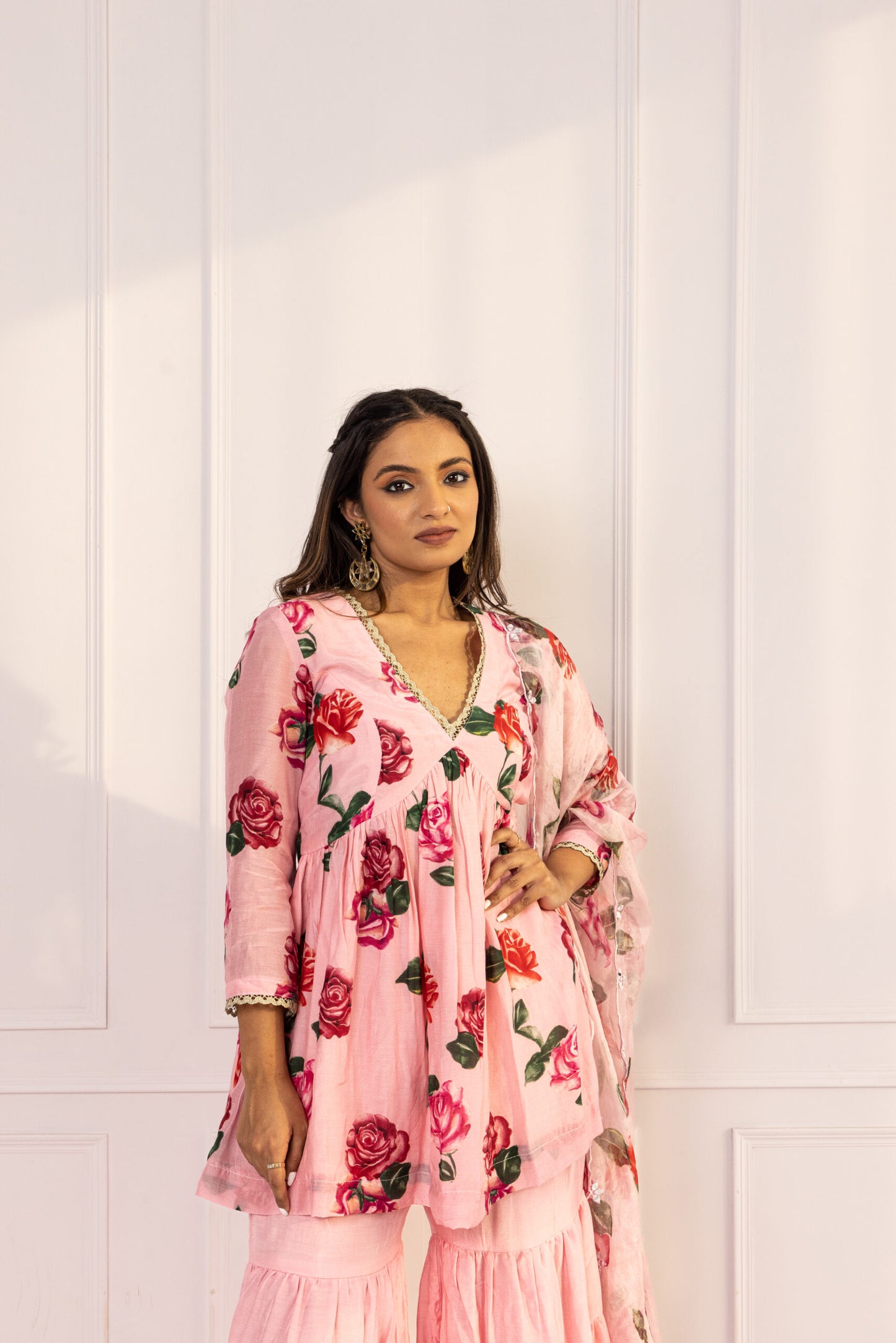 Gul Baby Pink V-neck Floral Printed Sharara Set