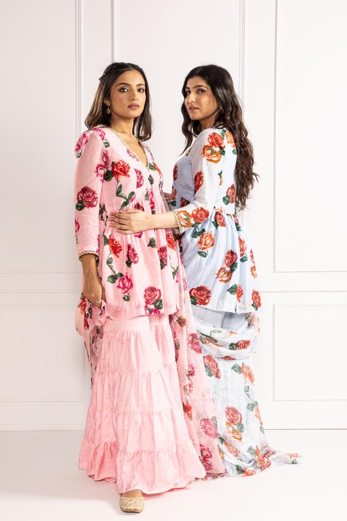 Gul Powder Blue V-neck Floral Printed Sharara Suit Set