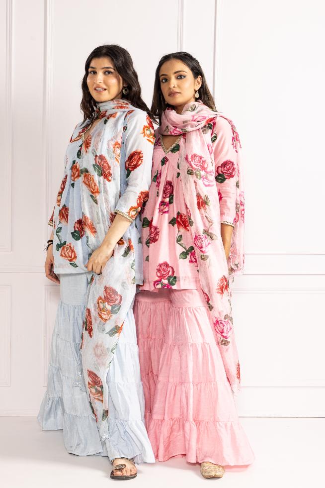 Gul Powder Blue V-neck Floral Printed Sharara Suit Set