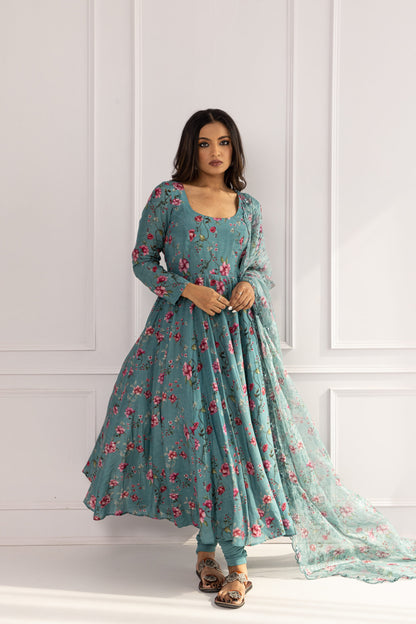 Tamanna Teal Floral Anarkali Set