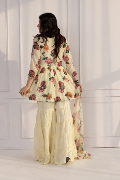 Gul Butter V-neck Floral Printed Sharara Suit Set