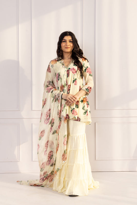 Gul Butter V-neck Floral Printed Sharara Suit Set