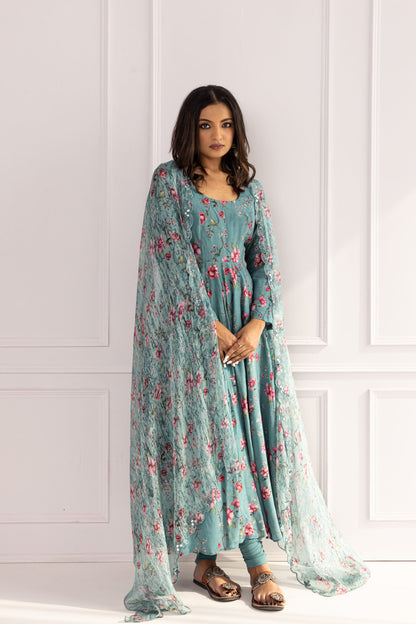 Tamanna Teal Floral Anarkali Set