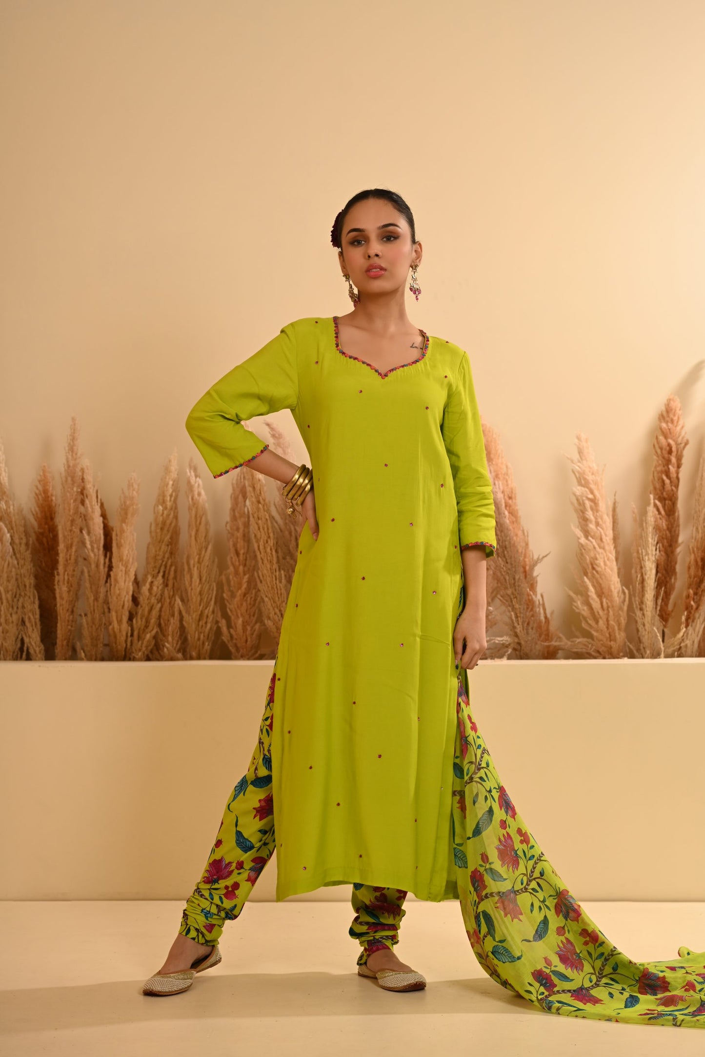 Rangrez Green Straight Chooridaar Kurta Set